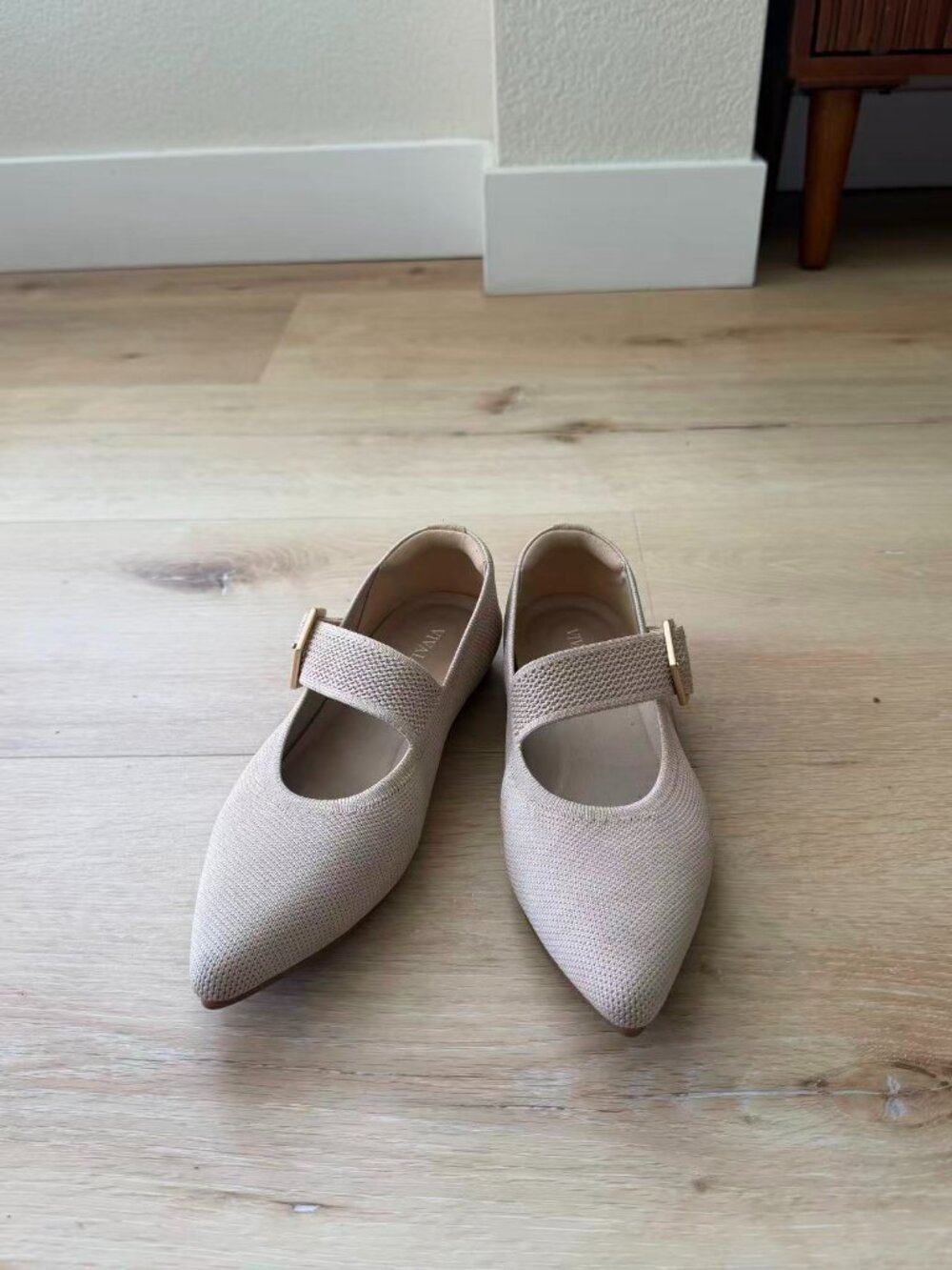 Pointed Mary Jane Flats with Gold Buckle in Light Beige